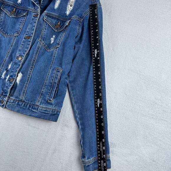 Forever 21 Denim Jacket Distressed Womens Size Small Button Front Blue - Picture 8 of 12